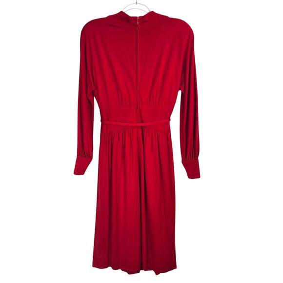 Pauline Trigere Red Wool Jersey Midi Dress Mock Neck Belted Vintage Size 6 - Picture 2 of 11